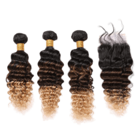 1B/4/27 Ombre Deep Wave Peruvian Human Hair Bundles with Lace Closure